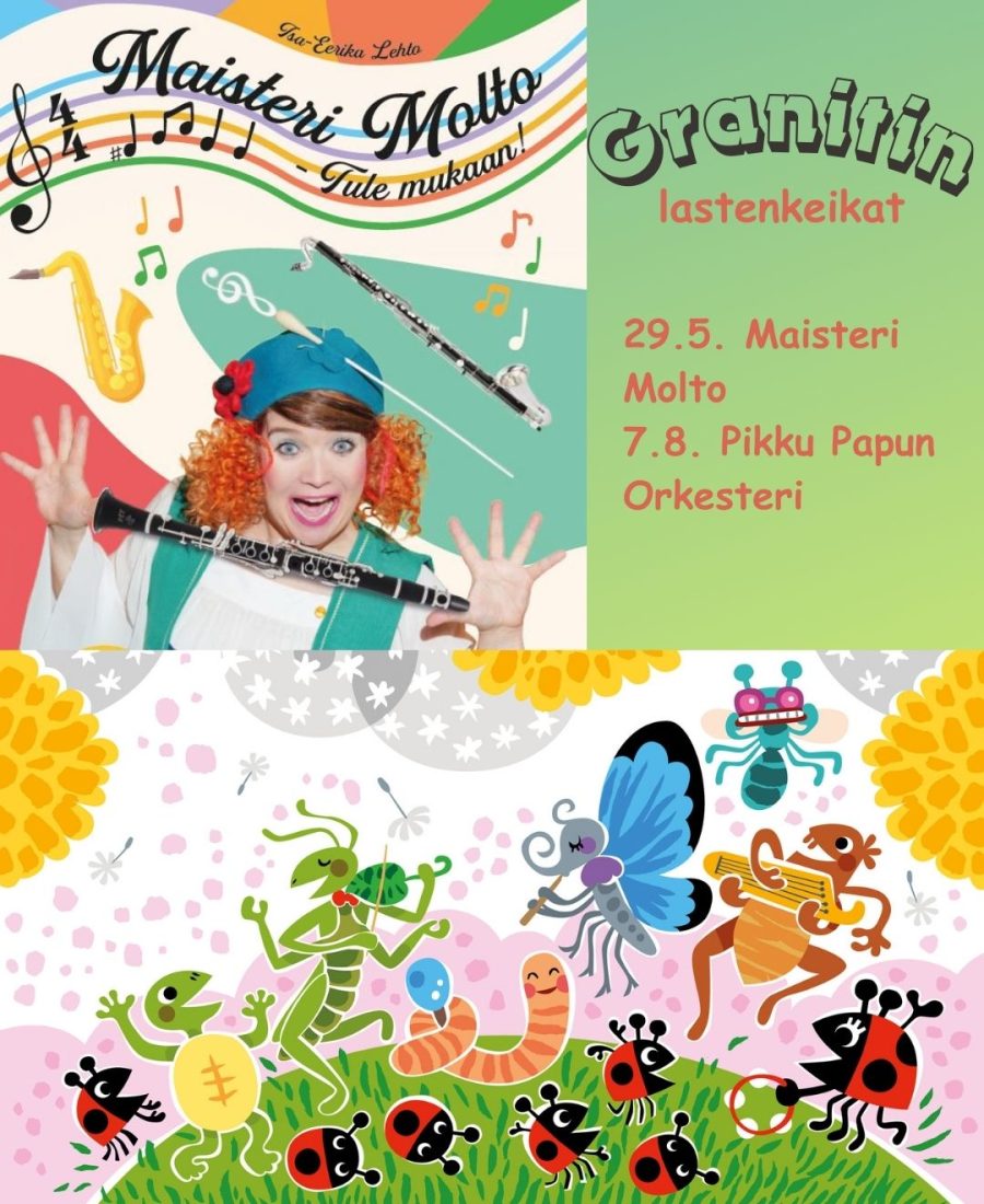 kuvassa on Maisteri Molto ja Pikku Papun Orkesterin brändi bändikuvat sekä tekstinä Granitin lastenkeikat ja bändien nimet ja esitysajat 